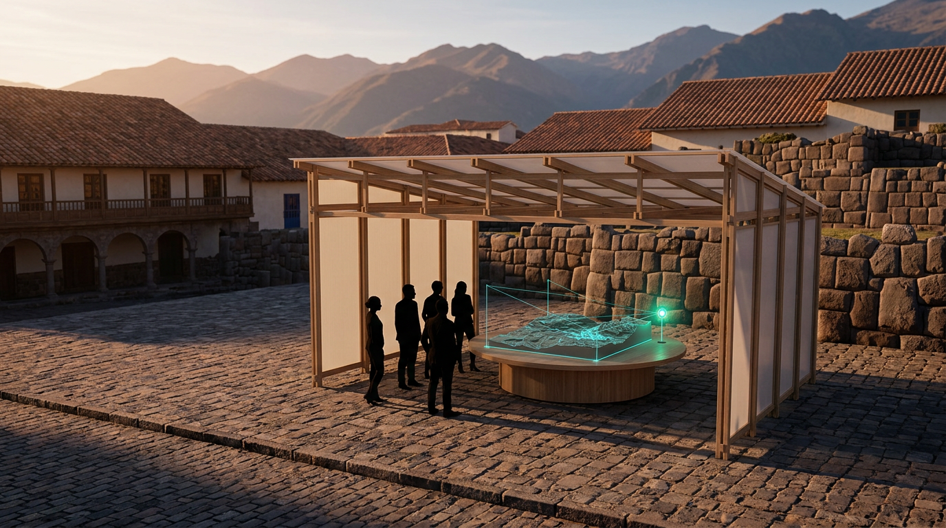 Pabellón de orientación BIM en una plaza histórica de Cusco con un modelo territorial interactivo.