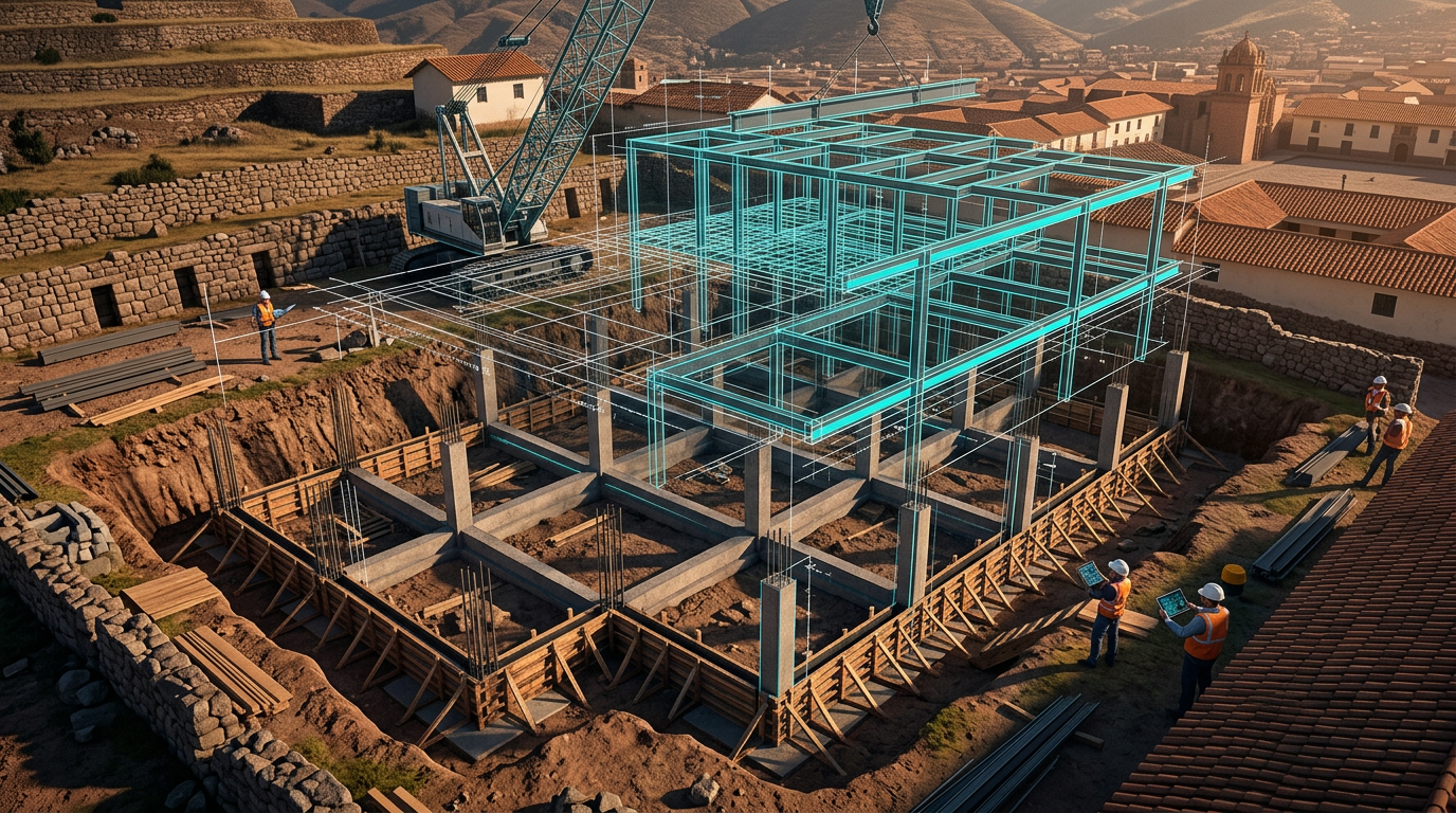 Estructura de una edificación pública donde cimentaciones y pórticos se coordinan con su modelo BIM.