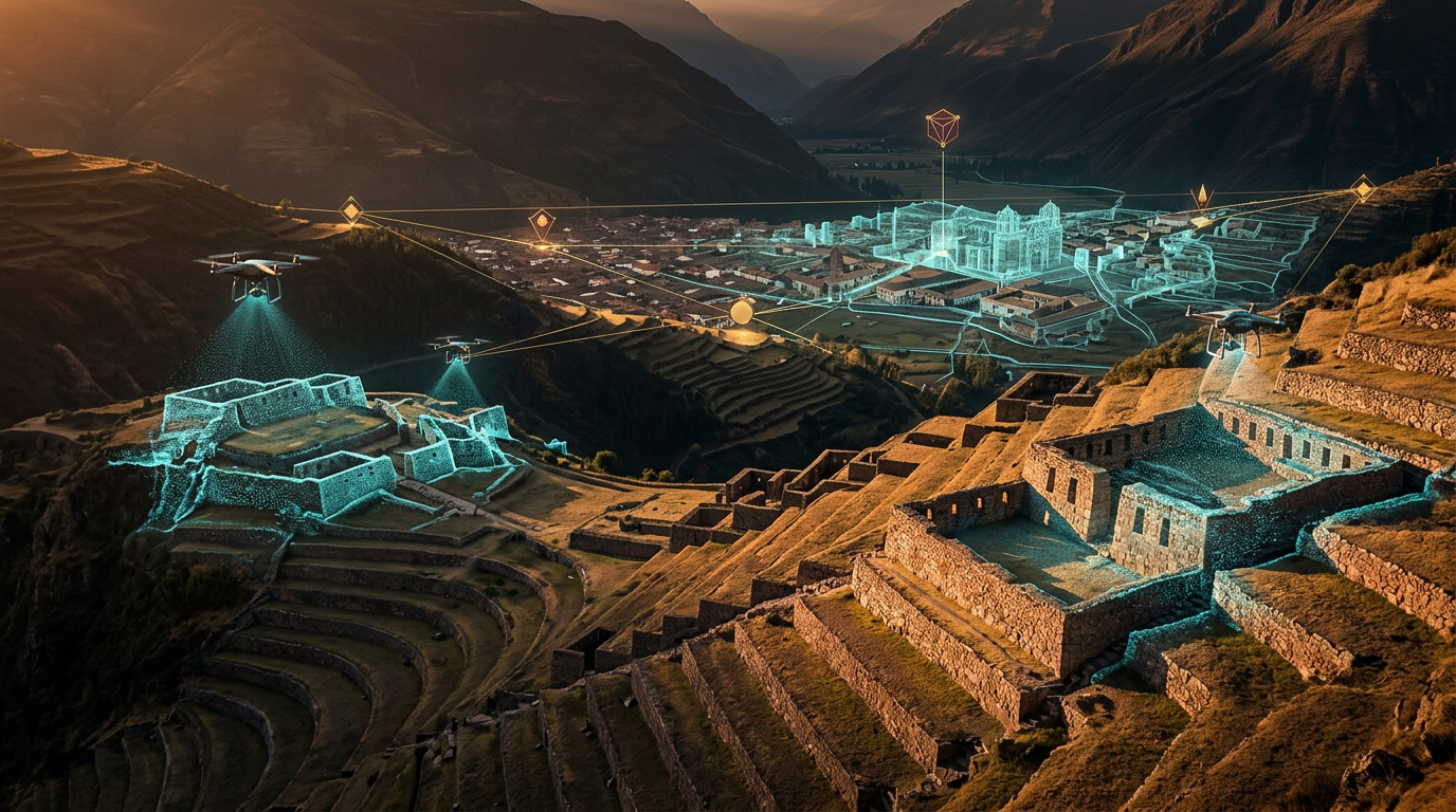 Santuario arqueológico y tejido urbano de Cusco capturados como nube de puntos y gemelo digital.